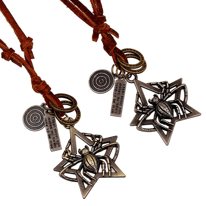 Vintage Spider Pendant First Layer Cowhide Genuine Leather Sweater Chain Necklace