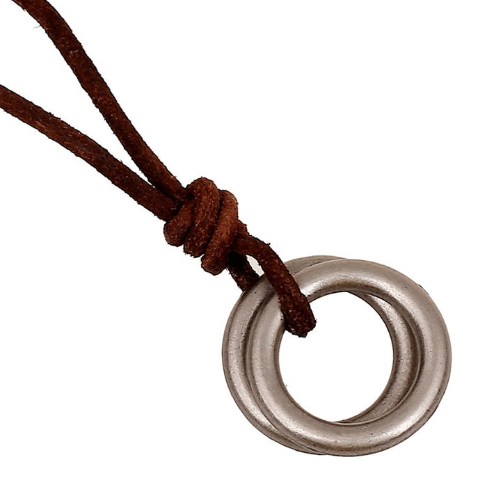 Vintage Double Ring Long Cowhide Leather Necklace Simple Men's Round Pendant Jewelry