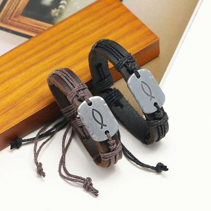 Vintage Braided Cowhide Leather Bracelet Simple Adjustable European American Unisex Wristband