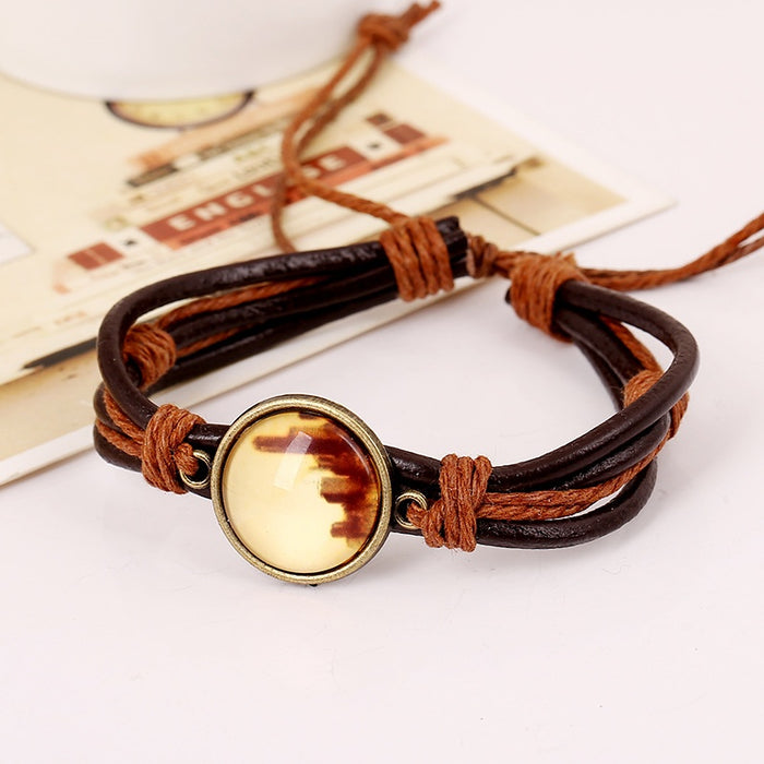 Punk Style Time Gemstone Leather Bracelet With Adjustable Drawstring Simple Wristband