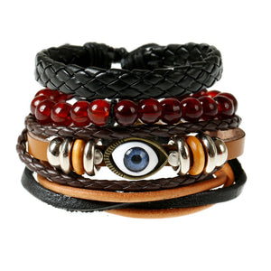 European Simple Vintage DIY Braided Cowhide Leather Eye Bracelet Set For Men