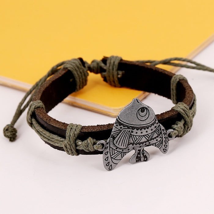 European American Handmade Braided Cowhide Leather Bracelet With Alloy Fish Charm For Students