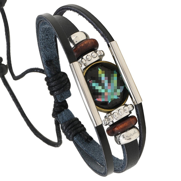 New Cross Border Beaded Braided Cowhide Leather Bracelet Multilayer Time Gemstone Maple Leaf Bangle