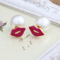 Korean Double Sided Pearl Lip Studs Alloy Enamel Red Lips Elegant Fashion Earrings view 2