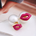 Korean Double Sided Pearl Lip Studs Alloy Enamel Red Lips Elegant Fashion Earrings view 4