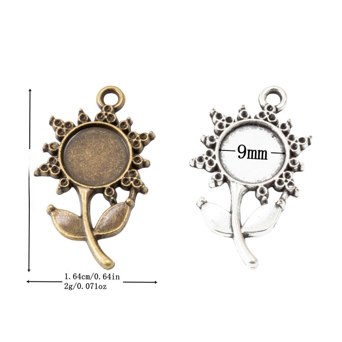 9mm Zinc Alloy Round Floral Bezel Charm Pendant for DIY Necklace Bracelet Jewelry Making