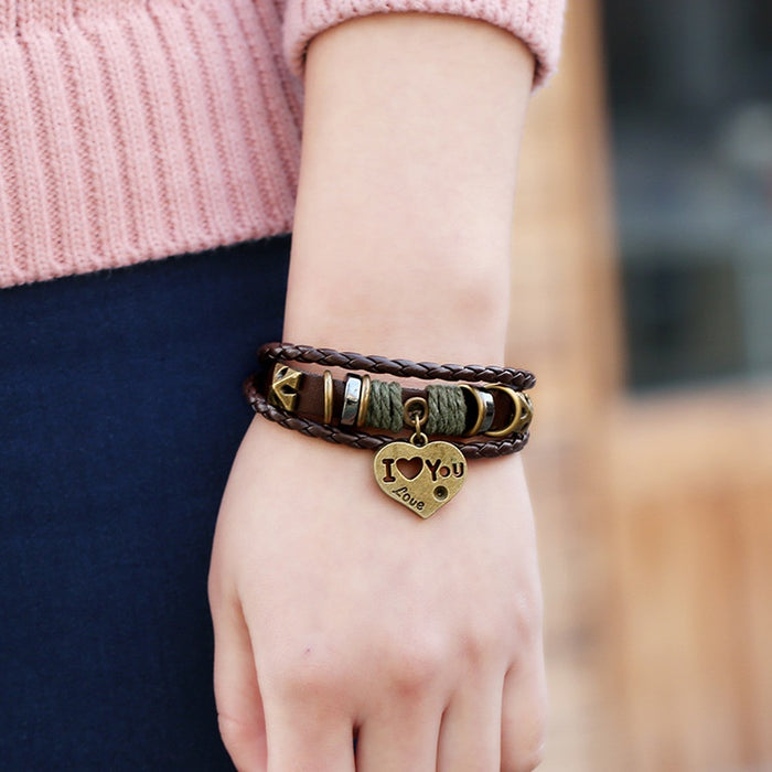 Hot Selling Beaded Genuine Leather Bracelet With Heart Cowhide Charm For Cross Border