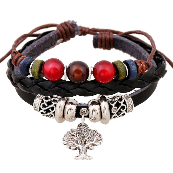 Adjustable Braided Cowhide Leather Beaded Bracelet With Tree Of Life Pendant Jewelry