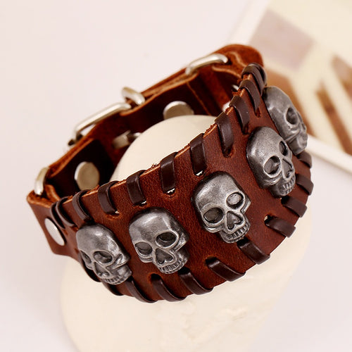 Punk Braided Genuine Cowhide Leather Bracelet With Vintage Skull Head Charm
