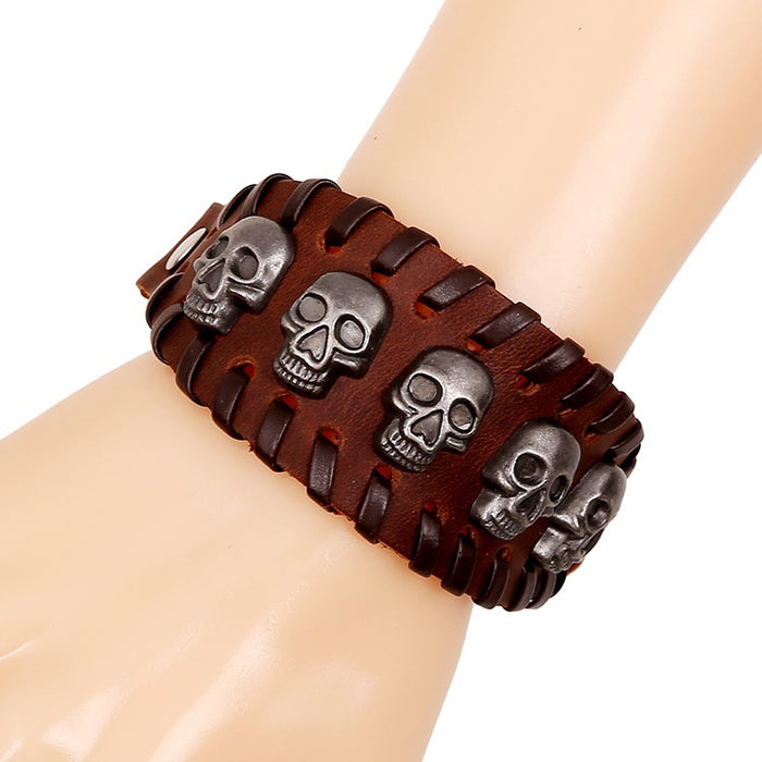 Punk Braided Genuine Cowhide Leather Bracelet With Vintage Skull Head Charm