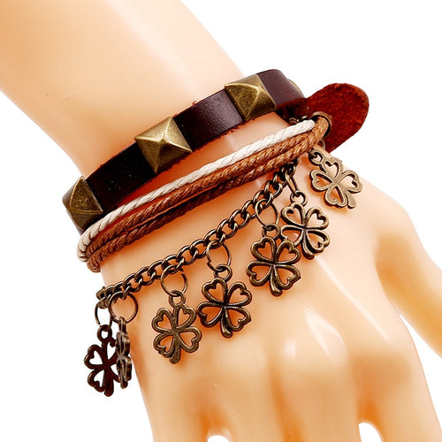 Vintage Rivet Genuine Cowhide Leather Bracelet With Four Leaf Lucky Clover Charm