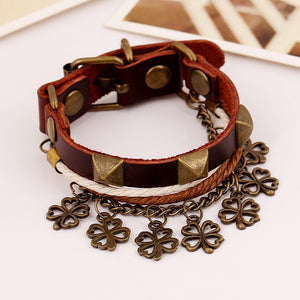 Vintage Rivet Genuine Cowhide Leather Bracelet With Four Leaf Lucky Clover Charm