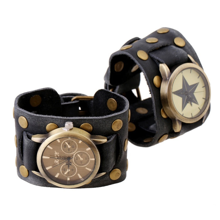 Export Vintage Wide First Layer Cowhide Leather Bracelet Watch For Men With Rivet Design