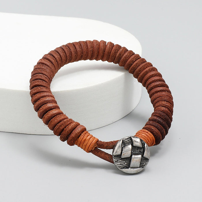 Simple Handmade Braided Brown Cowhide Leather Bracelet Vintage Personalized Men's Wristband