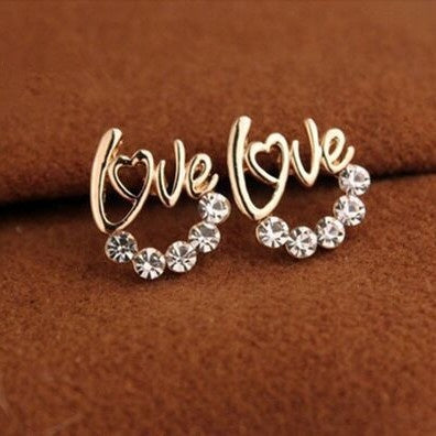 Elegant Gold Alloy Love Letter Studs With Sparkling Rhinestone Crescent Charm For Women Earrings