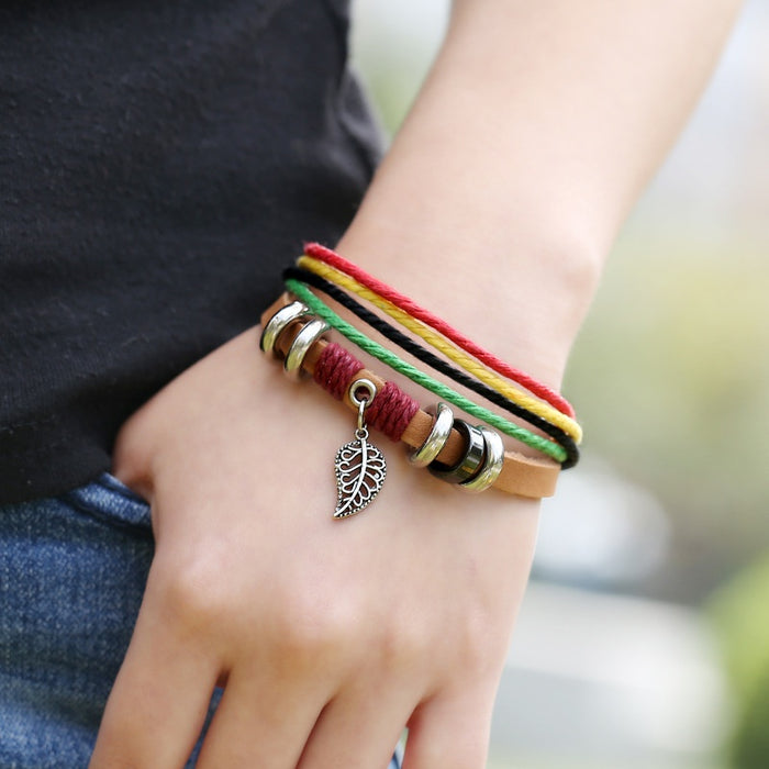 Fashion Couple Leather Bracelet With Hollow Leaf Pendant And Colorful Braided Women Wrist Rope