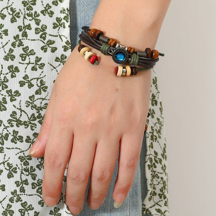 European American Beaded Cowhide Leather Bracelet With Butterfly Pendant