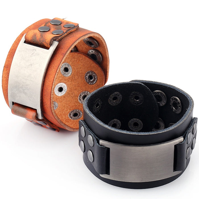 European American Plain Wide Cowhide Leather Cuff Bracelet, Vintage Punk Men's Accessory Open Bangle