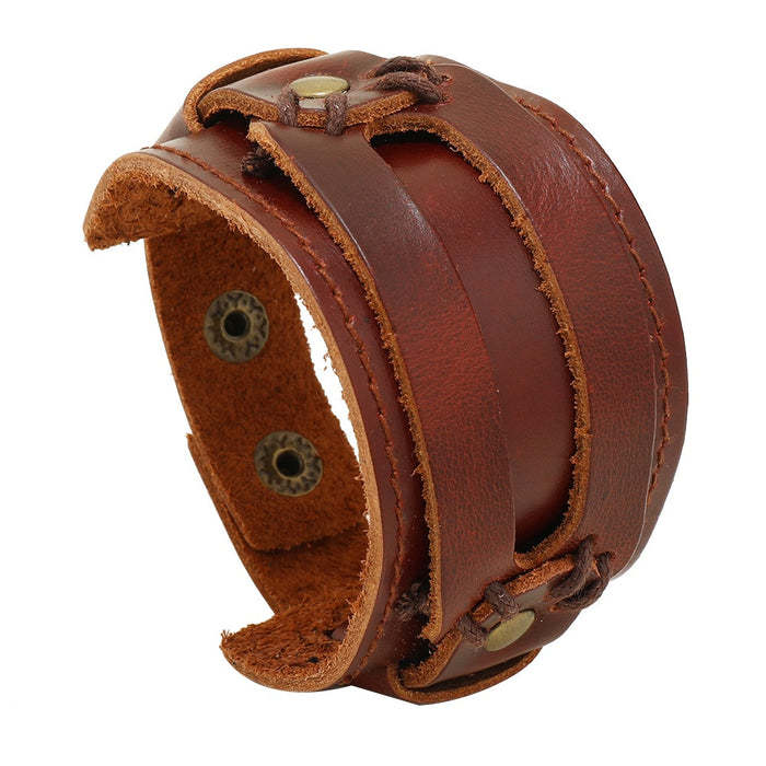 Simple Vintage Brown Multi Layer Wide Leather Bracelet Bold European American Men's Jewelry