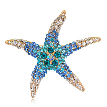 Blue Gold Tone Starfish Crystal Four Designs Metal Brooch Pin