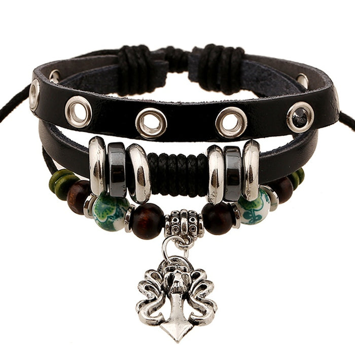 Punk Style Genuine Leather Beaded Bracelet With Rivet Studs European Fashion Wrist Jewelry