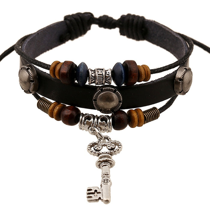 Punk Style Genuine Leather Beaded Bracelet With Key Charm European Wrist Jewelry