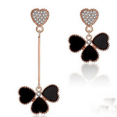 Elegant Asymmetric Black Enamel Clover Flower Drop With Rhinestone Heart Rose Gold Alloy Stud Earrings