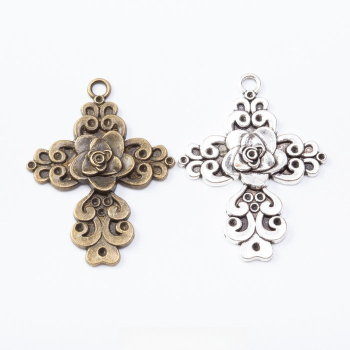 Vintage Zinc Alloy Flower Cross Pendants Charms For DIY Necklace Jewelry Accessories