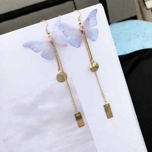 Asymmetrical Lavender Butterfly Drop Earrings, Alloy Chain