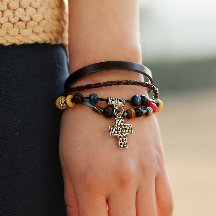 European American Minimalist Beaded Multilayer Leather Bracelet Streetwear Accessory Wristband