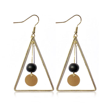Open Triangle Black Bead and Gold Disc Hook Earrings