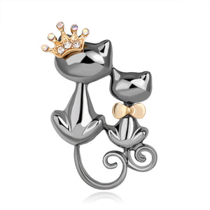 Silver-Tone Double Cat Brooch Pin with Gold-Tone Crown and Bow