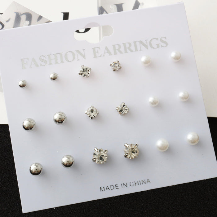Nine Pair Pearl Look Ball and Clear Stud Earring Cards