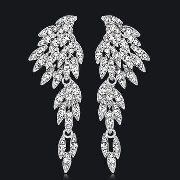 Black Silver Tone Crystal Leaf Dangle Tassel Crystal Metal Dangle Earrings