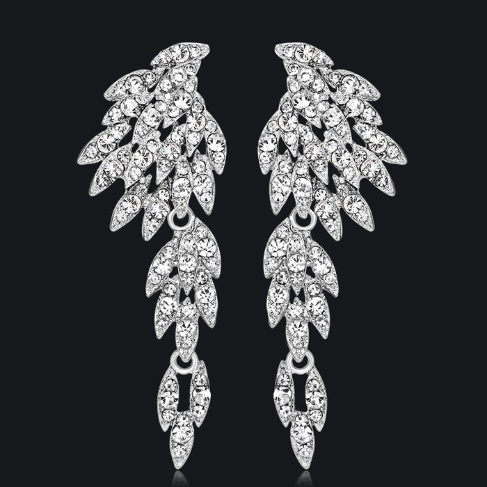 Black Silver Tone Crystal Leaf Dangle Tassel Crystal Metal Dangle Earrings