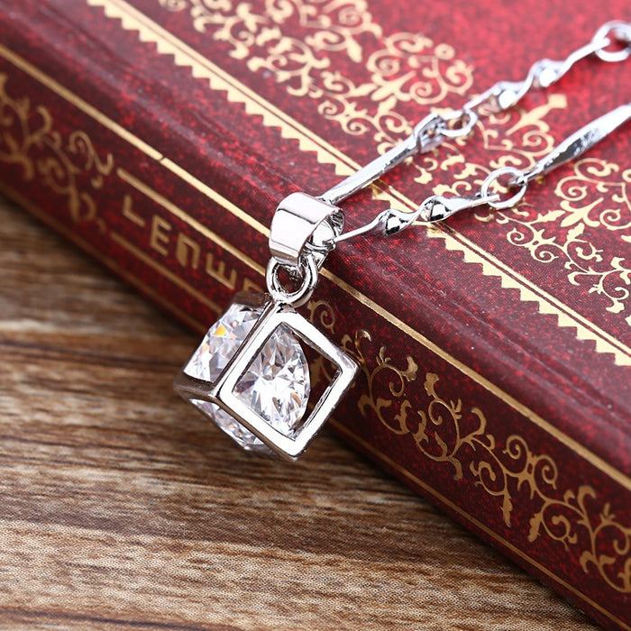 Korean Style Waterproof Color Retention Crystal Zircon Small Square Love Pendant Necklace