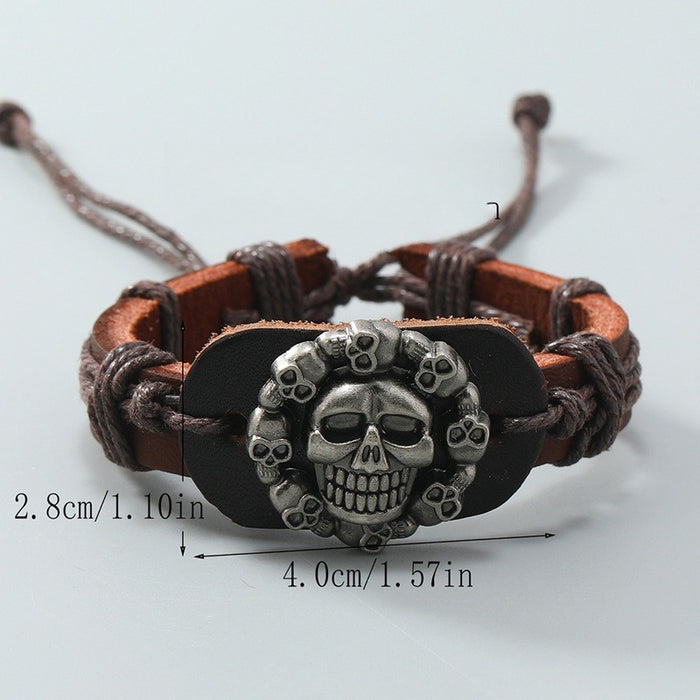 Punk Cross Border Top Grain Cowhide Braided Bracelet With Skull Genuine Leather Charm
