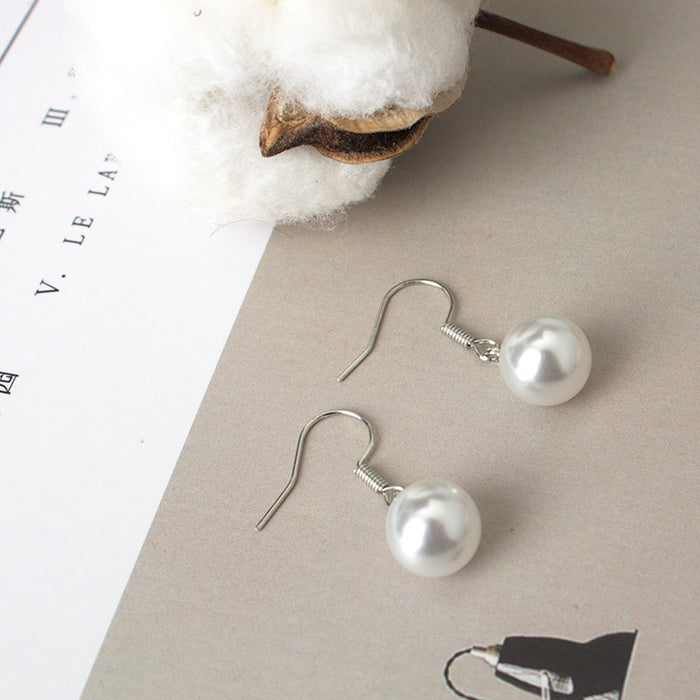 Silver Hook White Pearl Look Bead Simple Dangle Earrings