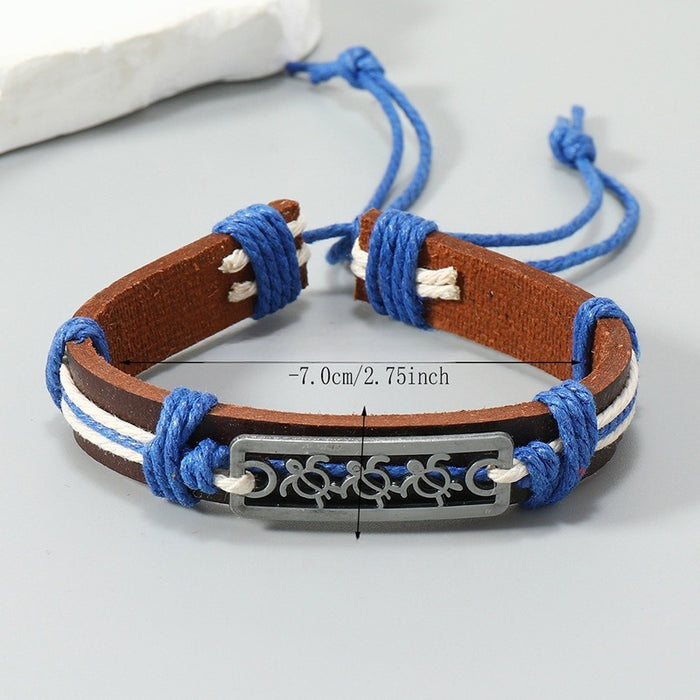 Simple Handmade Braided Leather Bracelet For Men And Women With Alloy Turtle Ocean Beach Style