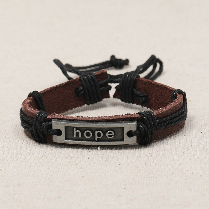 Vintage Braided Cowhide Leather Bracelet With Hope Letter Hemp Rope Wristband For Men