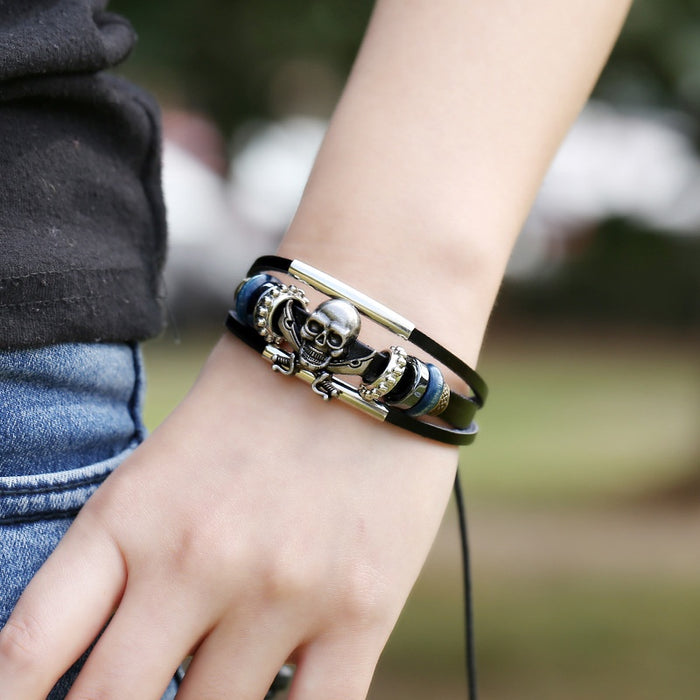 Handmade Wood Bead Braided Cowhide Leather Bracelet With Alloy Skull Charm