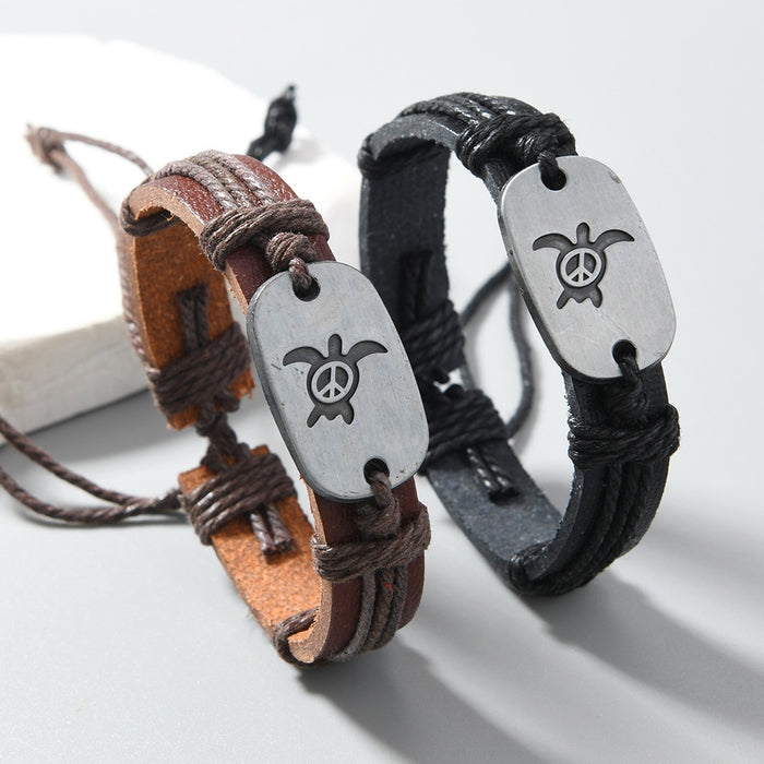 Vintage Braided Leather Bracelet Simple Turtle Pattern Beach Style Hemp Rope Wristband
