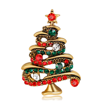 Front product view of the christmas tree brooch pin in gold and red