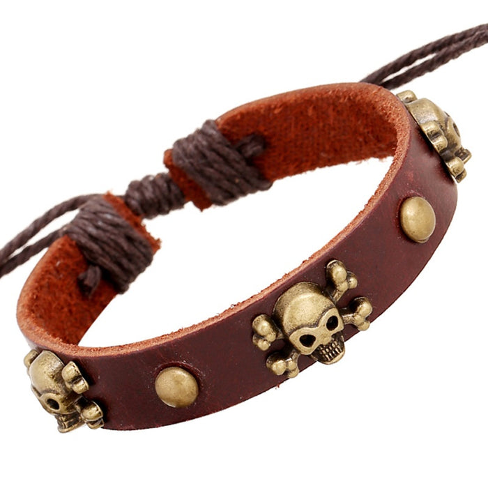 European American Handmade Wood Bead Genuine Leather Braided Bracelet With Alloy Skull Charm
