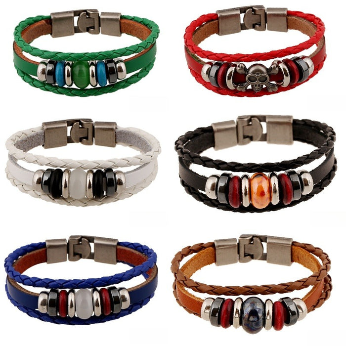 Korean Punk Style Handmade Multicolor Genuine Leather Braided Bracelet For Couples And Students