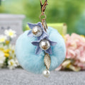 Twin Flower Plush Pom Pom Keychain with Pearl and Leaf Drops view 4