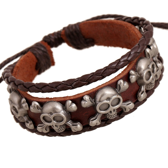Fashion Genuine Leather Beaded Bracelet, Woven Cowhide Bracelet With Alloy Skull Head Charm