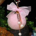 Sheer Bow Plush Pom Pom Keychain with Pearl and Crystal Drops view 3