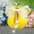 Sheer Bow Plush Pom Pom Keychain with Pearl and Crystal Drops view 4
