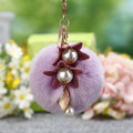 Twin Flower Plush Pom Pom Keychain with Pearl and Leaf Drops view 2